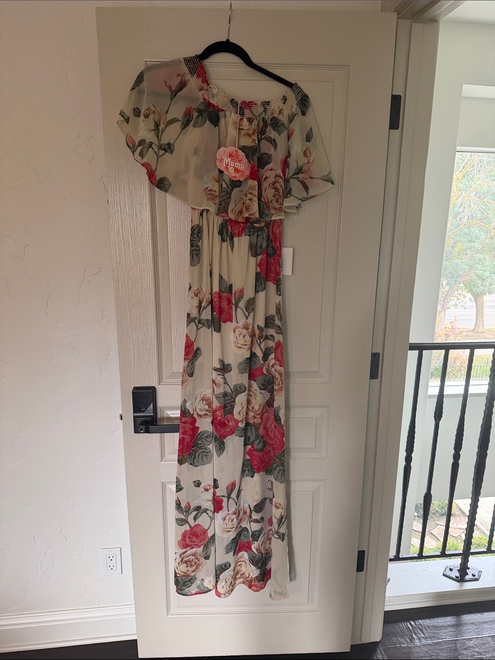 Show Me Your MuMu Cream Off-Shoulder Floral Maxi Dress with Red & Green Print